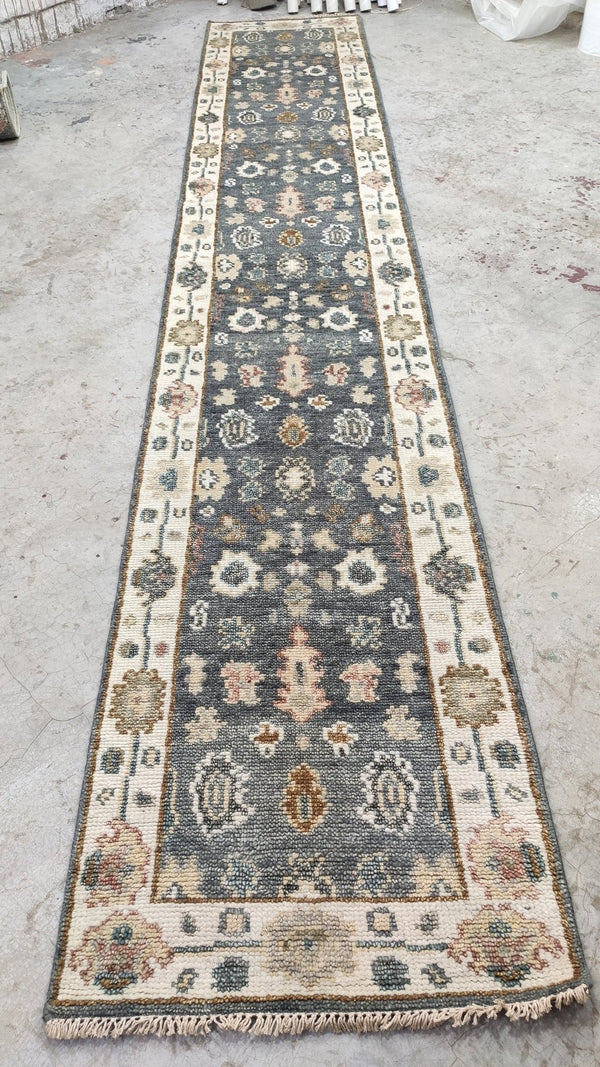 Emmeline 2.6x14 Dark Grey and Ivory Hand-Knotted Oushak Runner | Banana Manor Rug Company