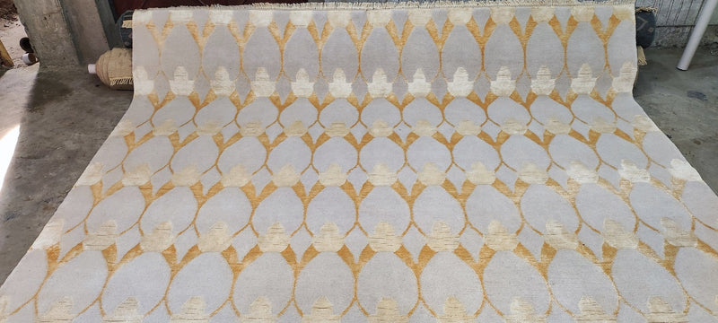 Erik Bruhn Hand-Knotted Modern Tibetan Rug Ivory and Gold 8.3x9.3 | Banana Manor Rug Company