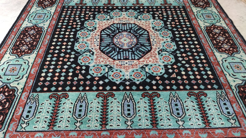 Estelle 8x10 Light Blue and Black Hand-Knotted Mamluk Rug | Banana Manor Rug Company