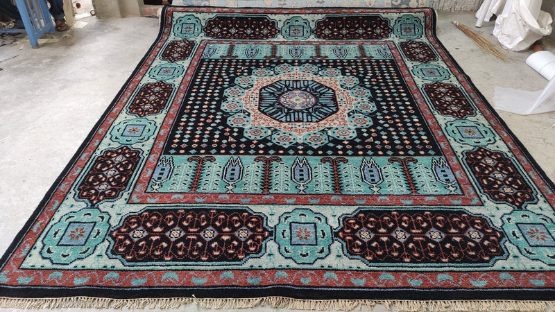 Estelle 8x10 Light Blue and Black Hand-Knotted Mamluk Rug | Banana Manor Rug Company