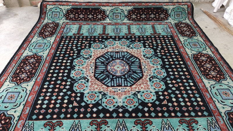 Estelle 8x10 Light Blue and Black Hand-Knotted Mamluk Rug | Banana Manor Rug Company