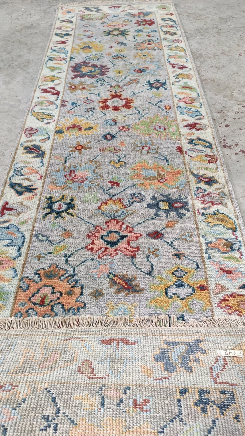 Ethel 2.9x10 Grey and Light Green Hand-Knotted Oushak Runner | Banana Manor Rug Company