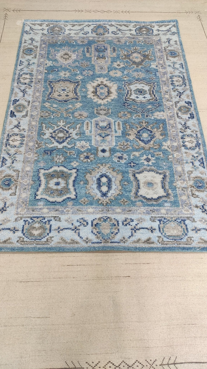 Everly 4x6 Sky Blue and Beige Hand-Knotted Bamboo Silk Oushak Rug | Banana Manor Rug Company