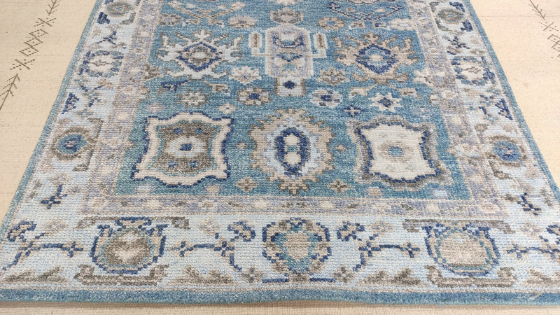 Everly 4x6 Sky Blue and Beige Hand-Knotted Bamboo Silk Oushak Rug | Banana Manor Rug Company