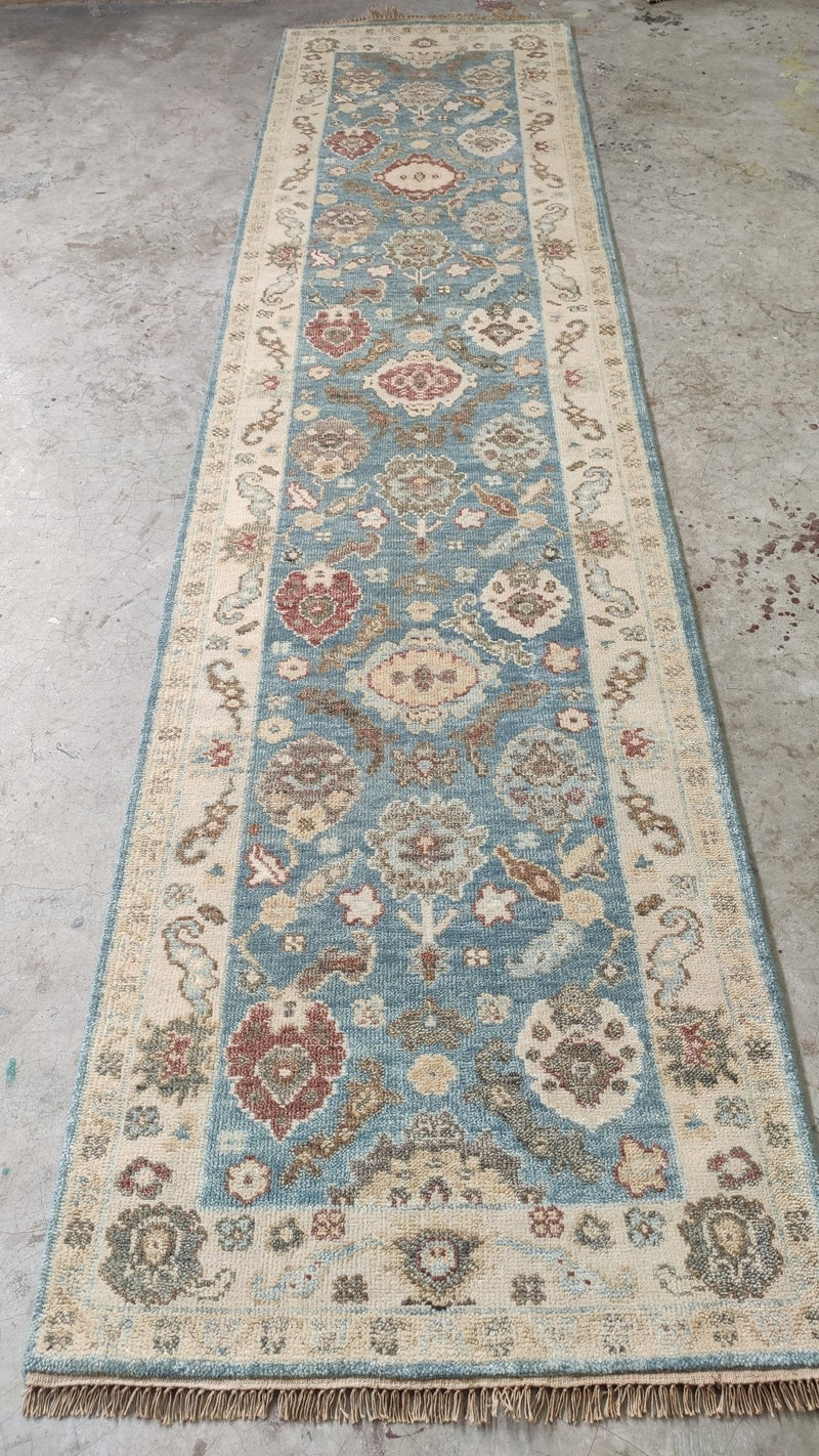 Eviana 3x12 Light Blue and Beige Hand-Knotted Oushak Runner | Banana Manor Rug Company