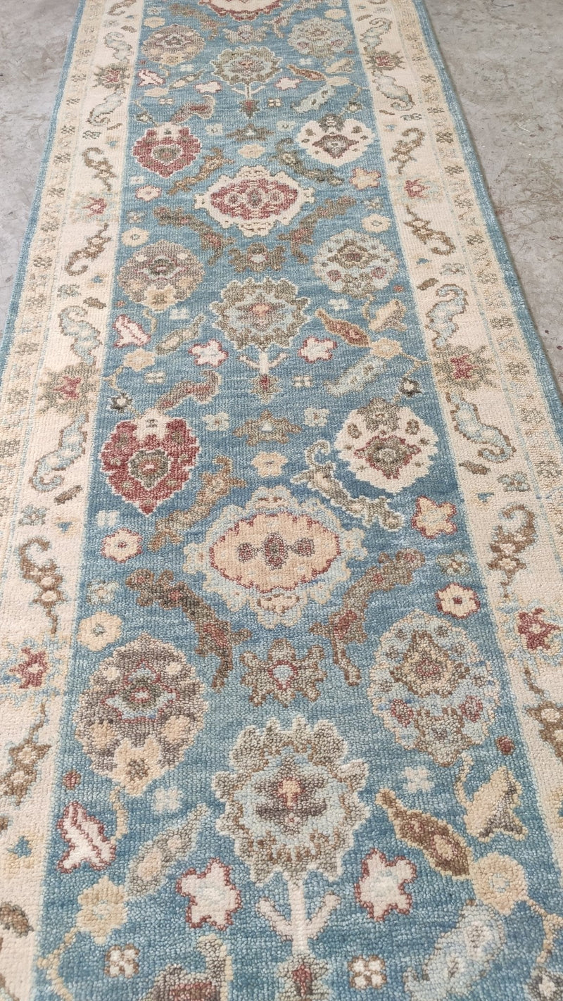 Eviana 3x12 Light Blue and Beige Hand-Knotted Oushak Runner | Banana Manor Rug Company