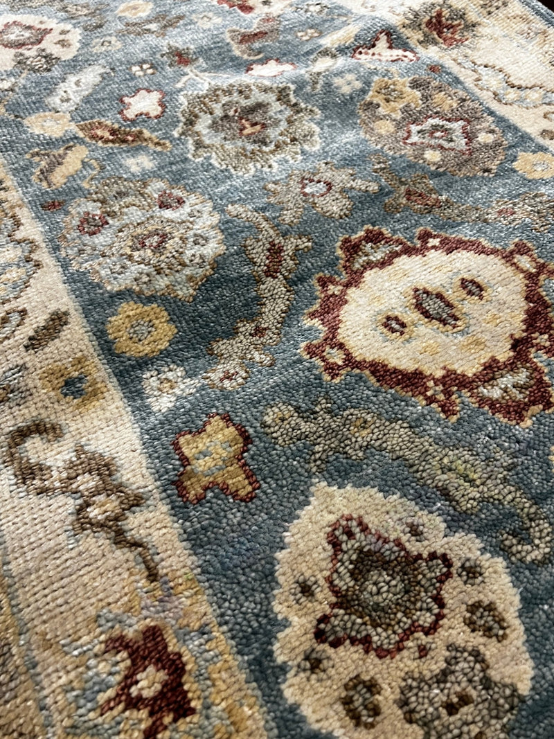 Eviana 3x12 Light Blue and Beige Hand-Knotted Oushak Runner | Banana Manor Rug Company