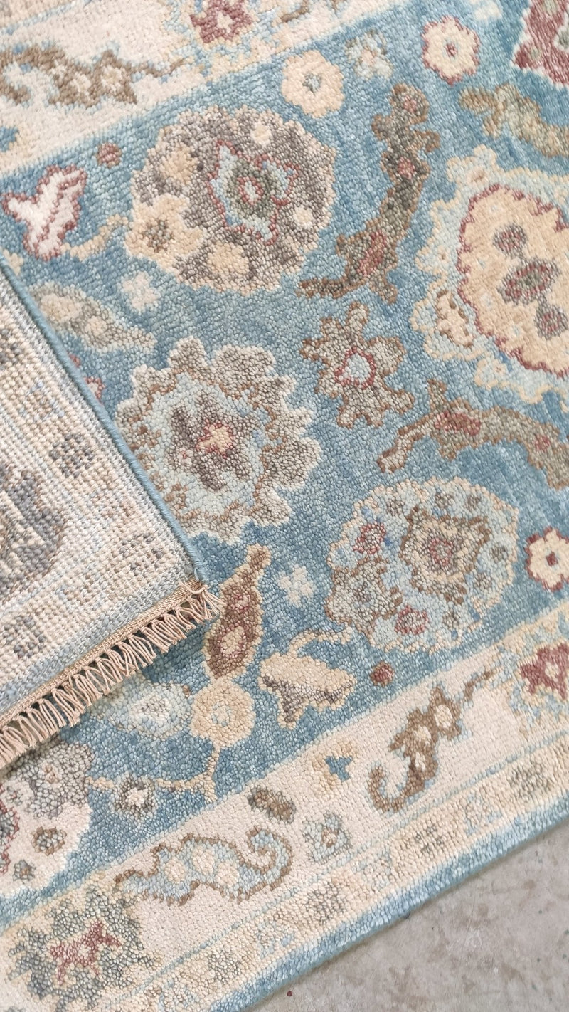 Eviana 3x12 Light Blue and Beige Hand-Knotted Oushak Runner | Banana Manor Rug Company