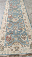 Eviana 3x12 Light Blue and Beige Hand-Knotted Oushak Runner | Banana Manor Rug Company