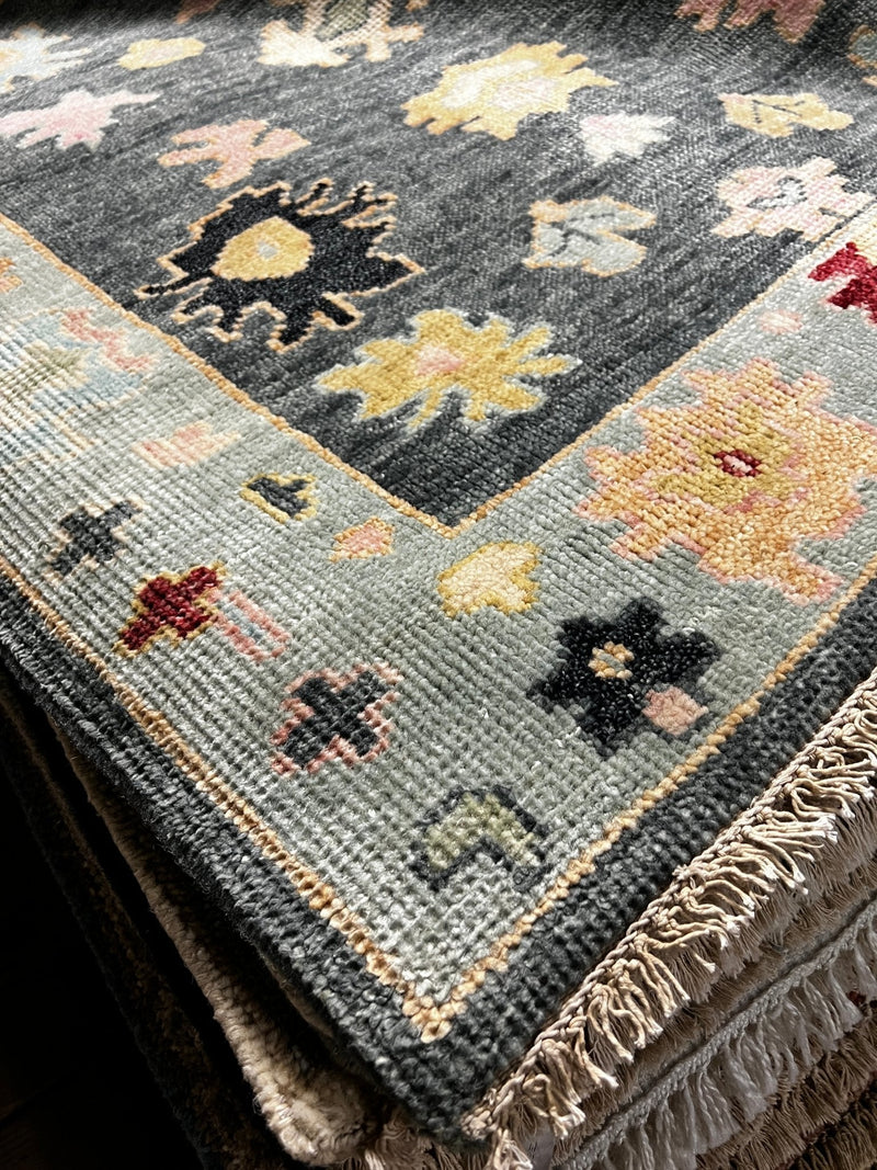 Fanny Ardant 3.9x11 Dark Grey and Ivory Hand-Knotted Oushak Runner | Banana Manor Rug Company