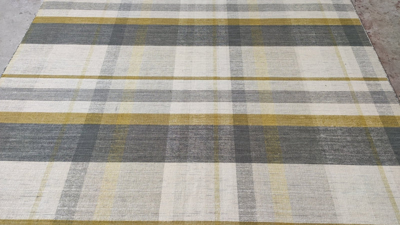 Fat Guy In a Little Coat 6.6x9.9 Grey, Yellow, and Ivory Handwoven Durrie Rug | Banana Manor Rug Company