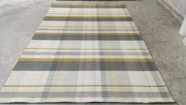 Fat Guy In a Little Coat 6.6x9.9 Grey, Yellow, and Ivory Handwoven Durrie Rug | Banana Manor Rug Company