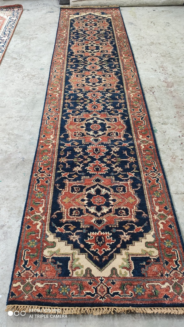 FAYM 2.6x12 Blue and Rust Hand-Knotted Serapi Runner | Banana Manor Rug Company