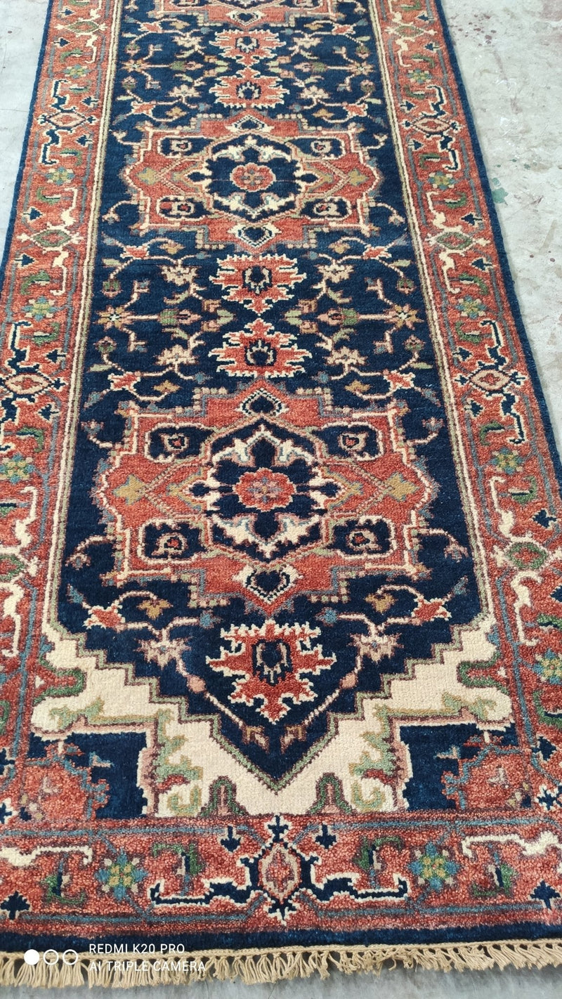 FAYM 2.6x12 Blue and Rust Hand-Knotted Serapi Runner | Banana Manor Rug Company