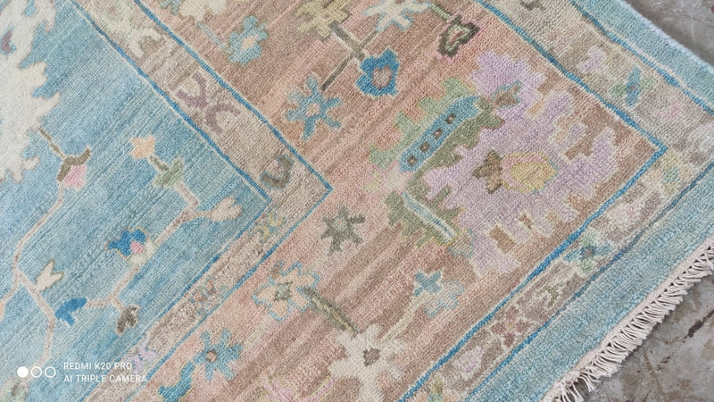 Felicity 8.3x10.6 Light Blue and Rust Hand-Knotted Oushak Rug | Banana Manor Rug Company