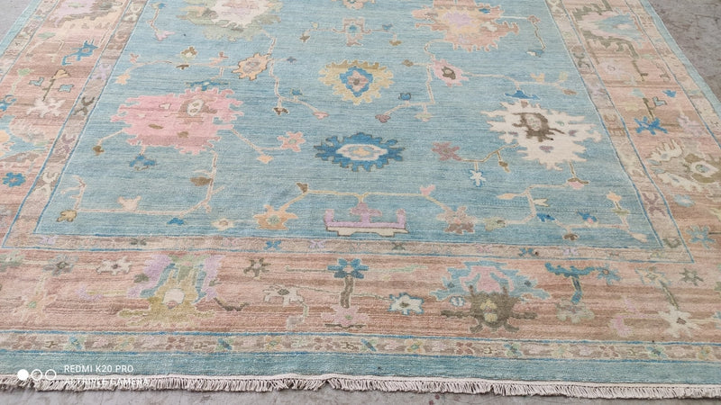 Felicity 8.3x10.6 Light Blue and Rust Hand-Knotted Oushak Rug | Banana Manor Rug Company