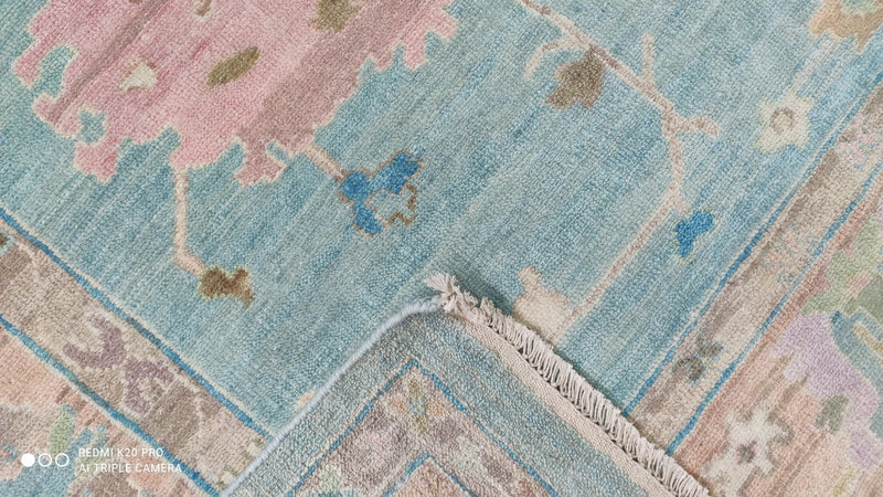 Felicity 8.3x10.6 Light Blue and Rust Hand-Knotted Oushak Rug | Banana Manor Rug Company