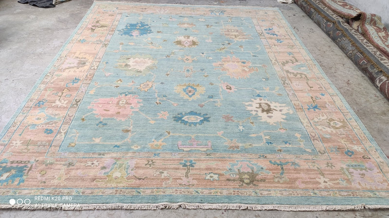 Felicity 8.3x10.6 Light Blue and Rust Hand-Knotted Oushak Rug | Banana Manor Rug Company