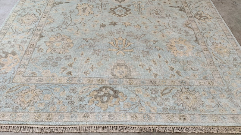 Fleur 8x10 Aqua and Blue Turkish Knot Oushak Rug | Banana Manor Rug Company