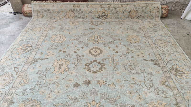 Fleur 8x10 Aqua and Blue Turkish Knot Oushak Rug | Banana Manor Rug Company