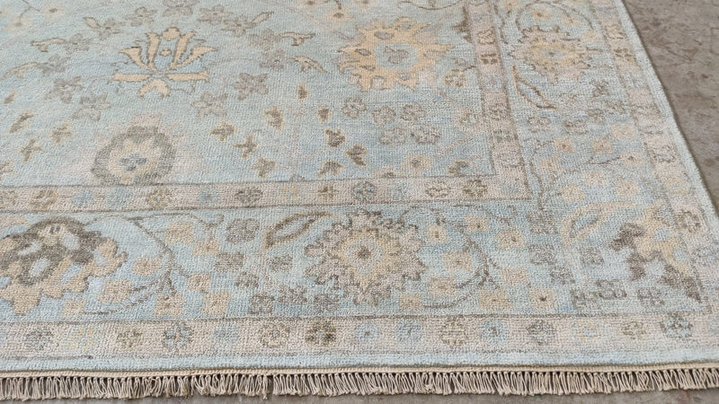 Fleur 8x10 Aqua and Blue Turkish Knot Oushak Rug | Banana Manor Rug Company