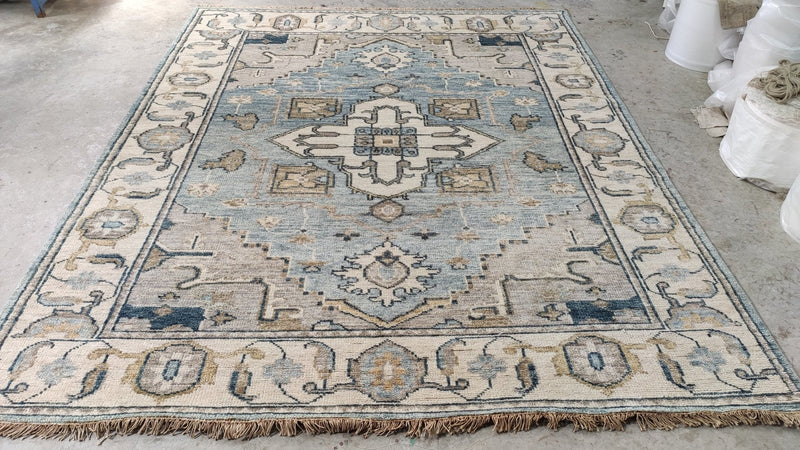 Gabriella 8x9.9 Aqua and Ivory Hand-Knotted Oushak Rug | Banana Manor Rug Company