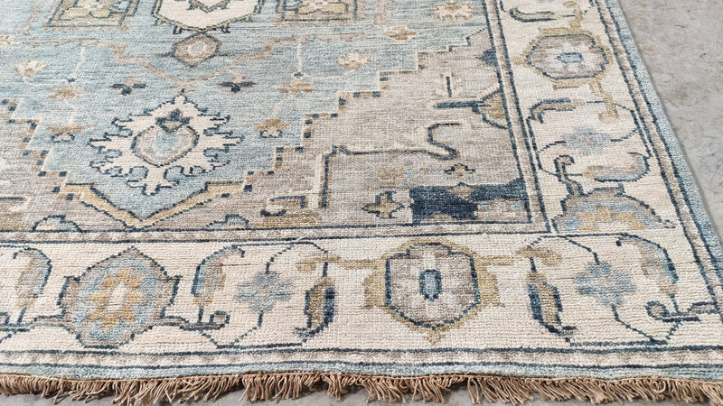 Gabriella 8x9.9 Aqua and Ivory Hand-Knotted Oushak Rug | Banana Manor Rug Company