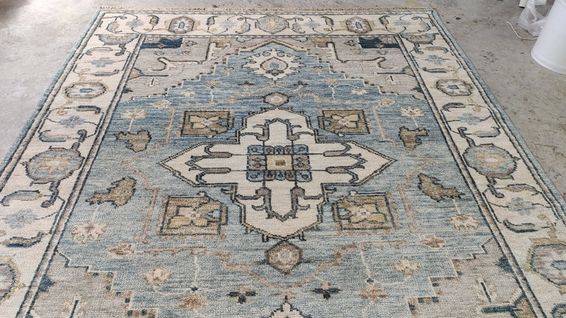 Gabriella 8x9.9 Aqua and Ivory Hand-Knotted Oushak Rug | Banana Manor Rug Company