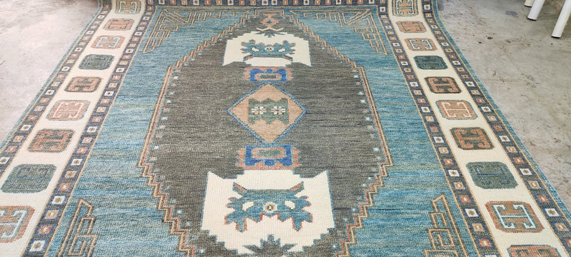 Gae Aulenti Blue and Ivory Hand-Knotted Oushak Rug 8x10 | Banana Manor Rug Company