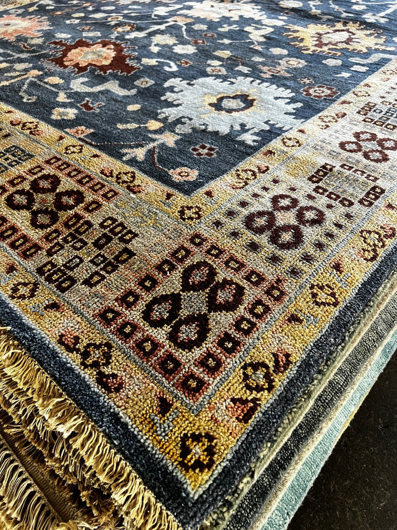 Garnet 8x10 Blue and Gold Hand-Knotted Oushak Rug | Banana Manor Rug Company