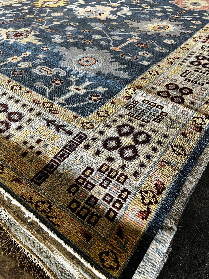 Garnet 8x10 Blue and Gold Hand-Knotted Oushak Rug | Banana Manor Rug Company