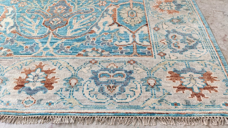 Gemma 8x10 Blue and Beige Hand-Knotted Oushak Rug | Banana Manor Rug Company