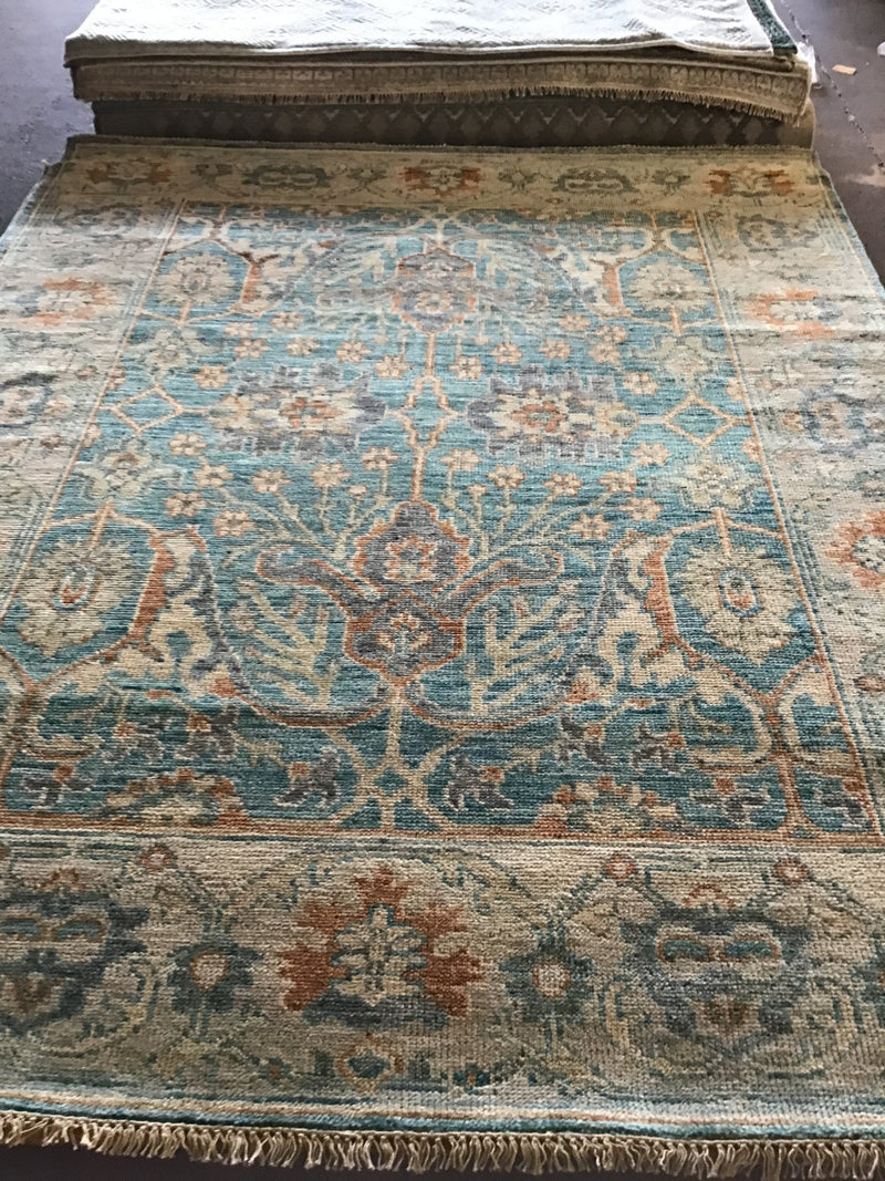 Gemma 8x10 Blue and Beige Hand-Knotted Oushak Rug | Banana Manor Rug Company