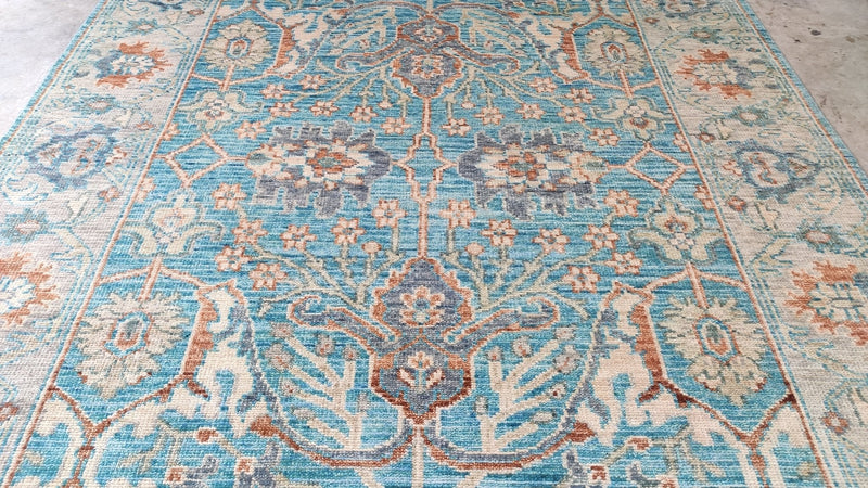 Gemma 8x10 Blue and Beige Hand-Knotted Oushak Rug | Banana Manor Rug Company