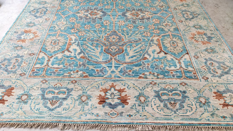 Gemma 8x10 Blue and Beige Hand-Knotted Oushak Rug | Banana Manor Rug Company