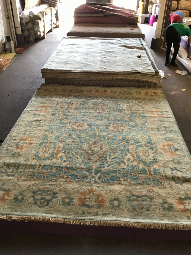 Gemma 8x10 Blue and Beige Hand-Knotted Oushak Rug | Banana Manor Rug Company