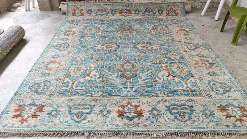 Gemma 8x10 Blue and Beige Hand-Knotted Oushak Rug | Banana Manor Rug Company