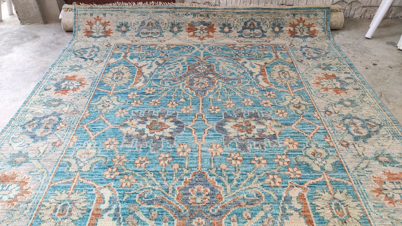 Gemma 8x10 Blue and Beige Hand-Knotted Oushak Rug | Banana Manor Rug Company