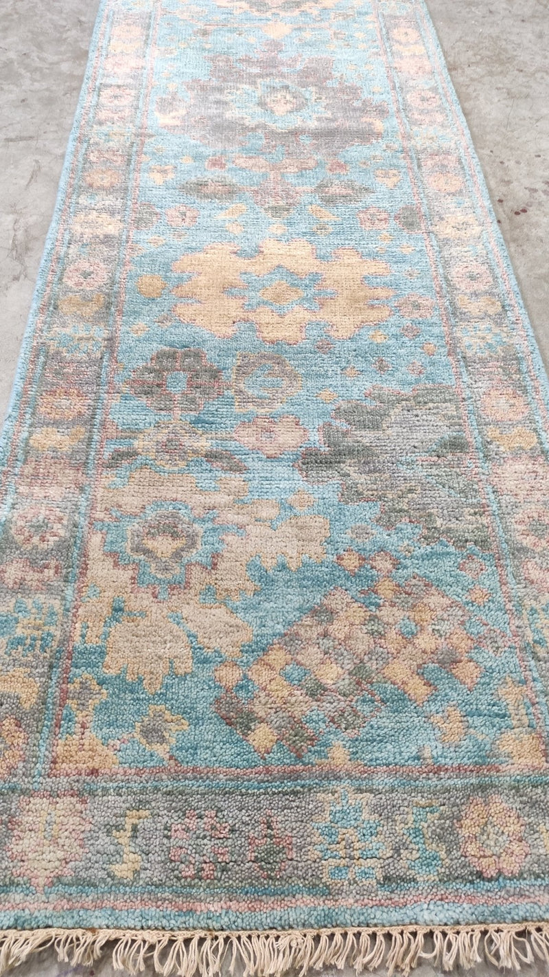 Georgette 2.9x10 Light Blue Hand-Knotted Oushak Rug | Banana Manor Rug Company