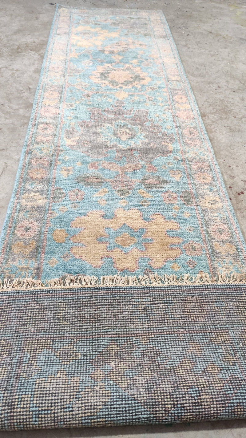 Georgette 2.9x10 Light Blue Hand-Knotted Oushak Rug | Banana Manor Rug Company