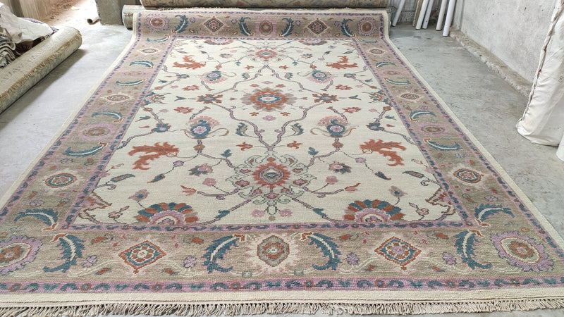 Gillian 9x12.6 Cream and Brown Hand-Knotted Oushak Rug | Banana Manor Rug Company