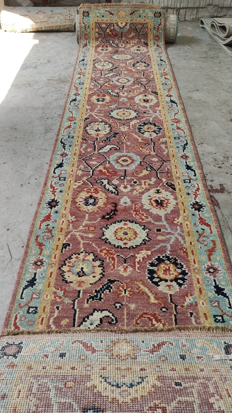 Ginger 2.9x12.6 Pink and Blue Hand-Knotted Oushak Runner | Banana Manor Rug Factory Outlet