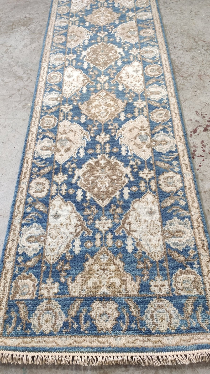 Greer 2.6x9.9 Hand-Knotted Blue and Cream Oushak Runner | Banana Manor Rug Company