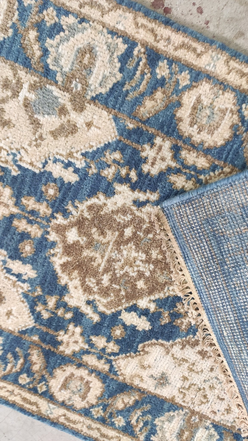 Greer 2.6x9.9 Hand-Knotted Blue and Cream Oushak Runner | Banana Manor Rug Company