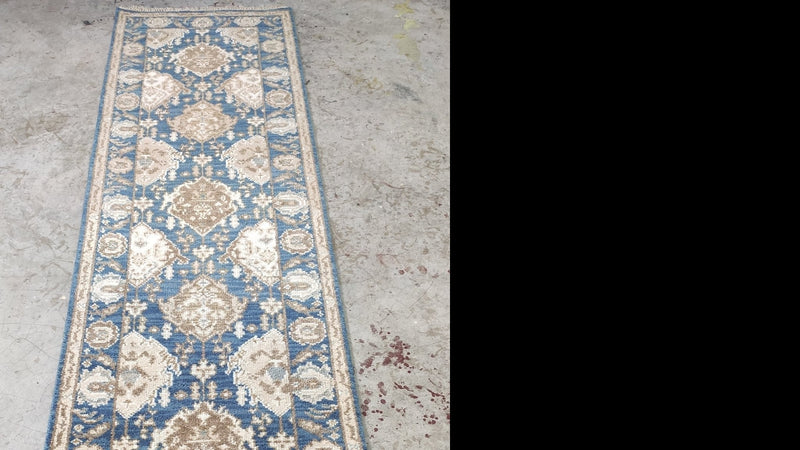 Greer 2.6x9.9 Hand-Knotted Blue and Cream Oushak Runner | Banana Manor Rug Company