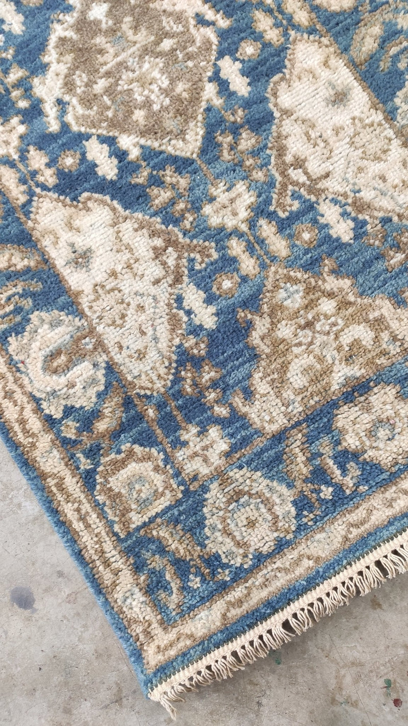 Greer 2.6x9.9 Hand-Knotted Blue and Cream Oushak Runner | Banana Manor Rug Company