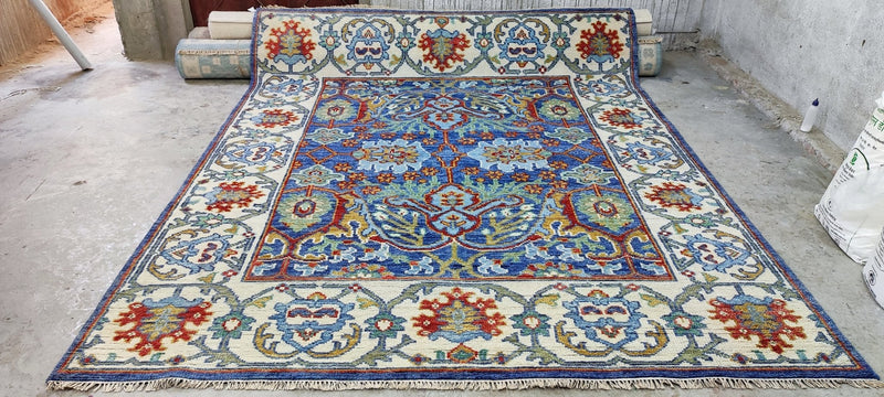 Greta Scacchi Hand-Knotted Oushak Rug Blue and Ivory 8X10 | Banana Manor Rug Company