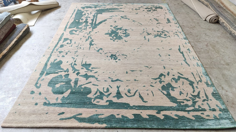 Halle Berry 6.6x9.9 Beige and Green Hand-Knotted Tibetan Rug | Banana Manor Rug Company