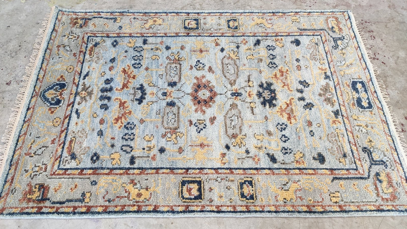 Hallie 4x6 Aqua and Tan Hand-Knotted Oushak Rug | Banana Manor Rug Company