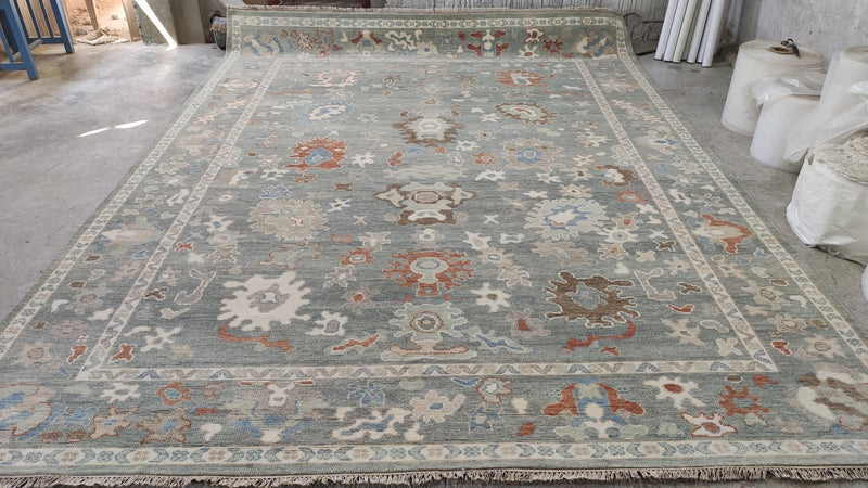 Harlow 9x12 Light Green, Grey, and Rust Hand-Knotted Oushak Rug | Banana Manor Rug Company